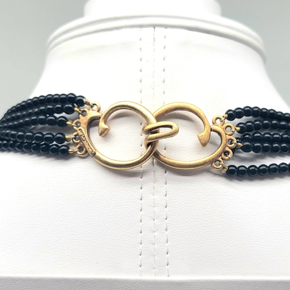 Oscar de la Renta Black Glass Bead Multistrand Layered Swag Necklace Gold Detail - Picture 11 of 13